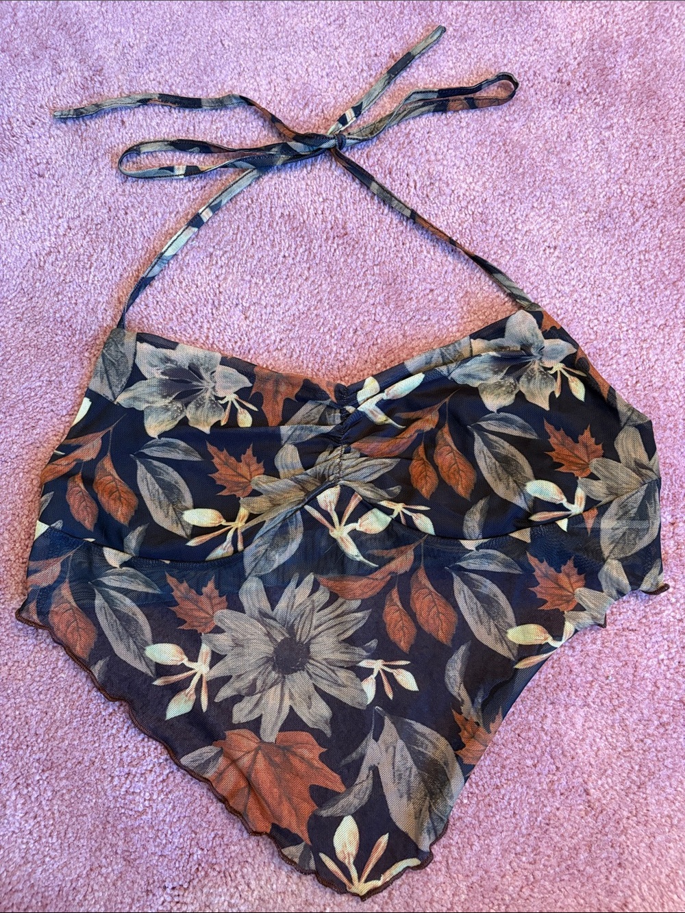 Black Floral Halter Cami with Brown & Cream Leaves